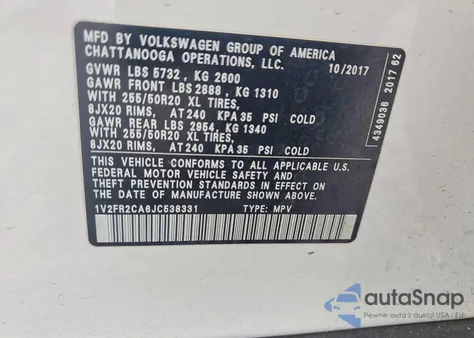 2018 Volkswagen Atlas Se from USA, damaged, VIN 1V2FR2CA6JC538331